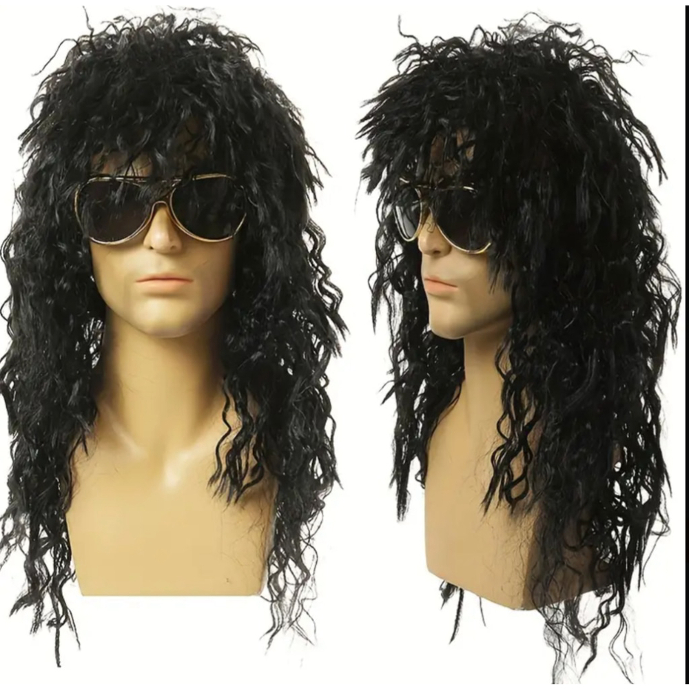Rocker Costume Long Black Wig Heavy Metal Biker Festival Tattoo Sleeves Cosplay - Picture 4 of 11